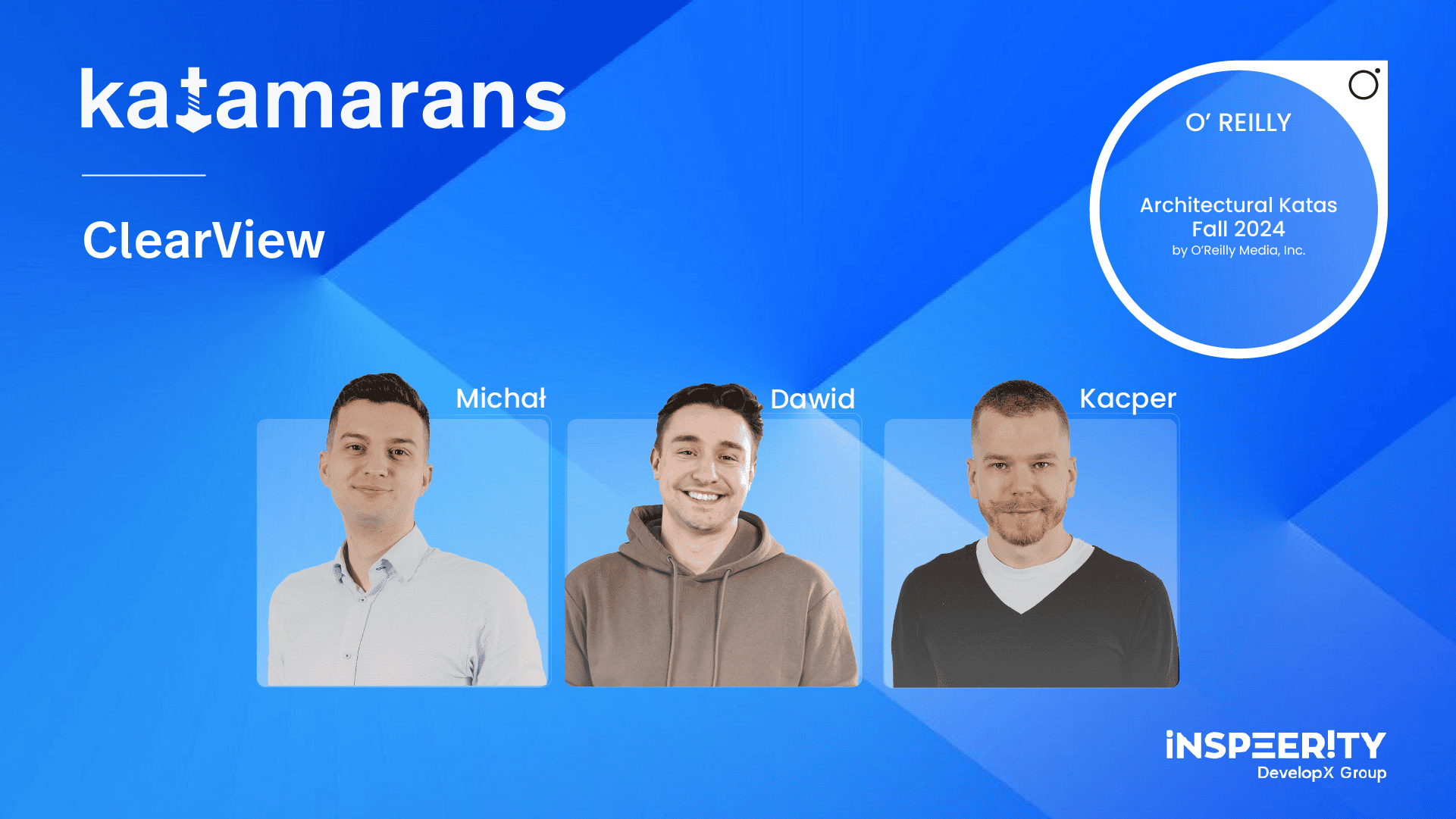 Video overlay with a blue gradient background featuring three team architects. Clicking on the overlay starts the video.
