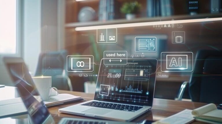 Laptop on a desk displaying AI and data analytics interfaces in a modern office workspace