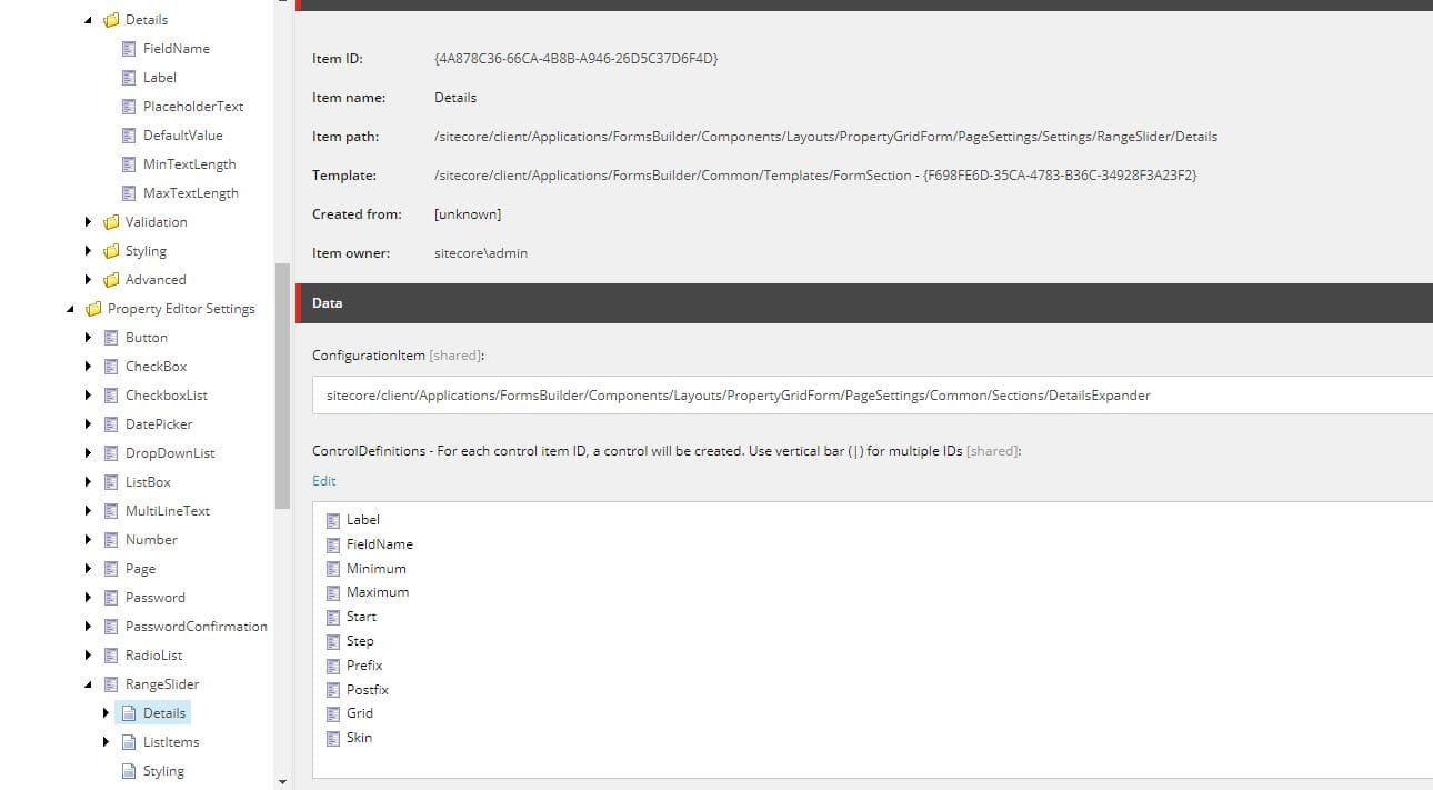 właściwości formularza szczegóły sitecore