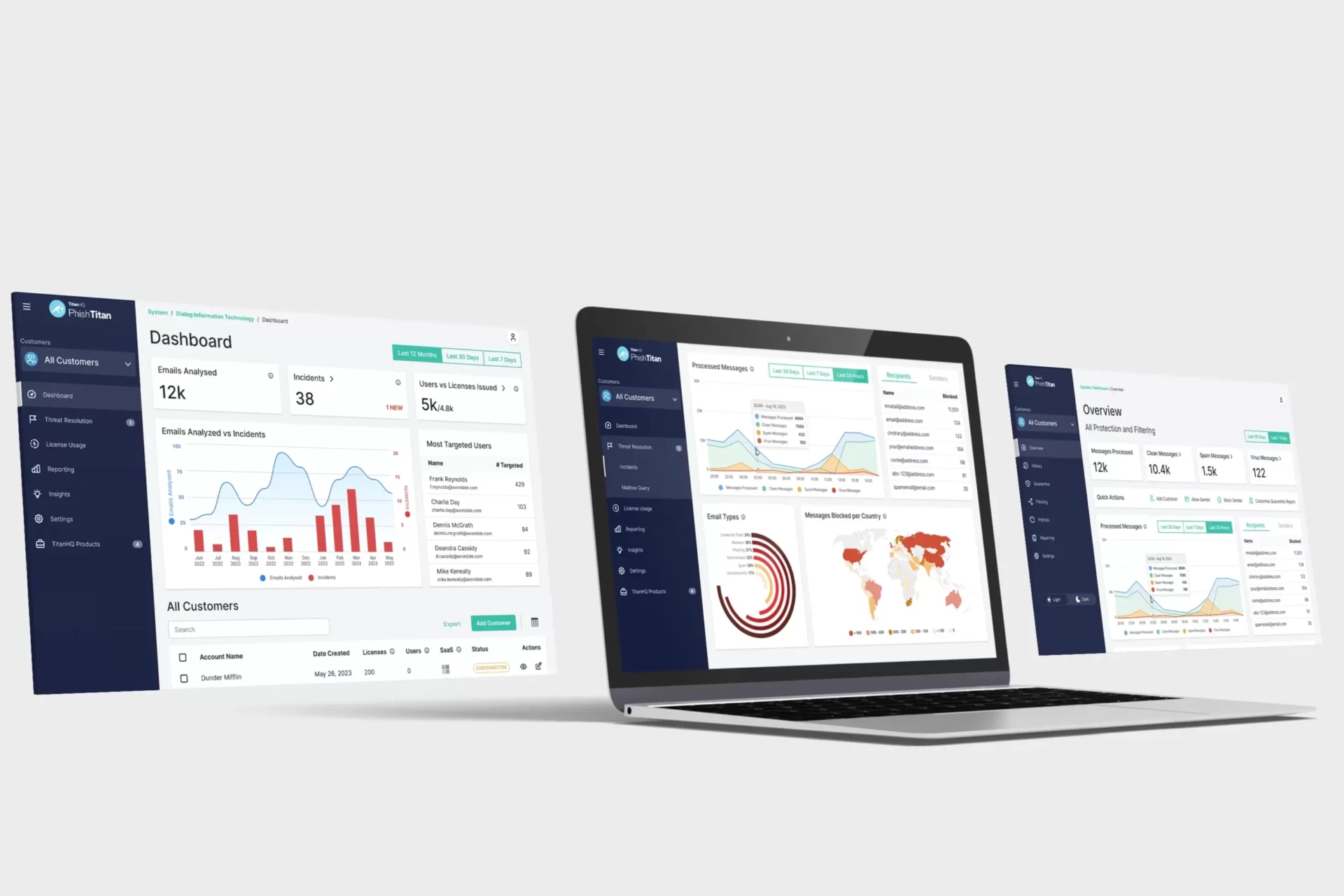 Dashboard interface mockups showing analytics charts, maps, and user data panels on a light grey background.