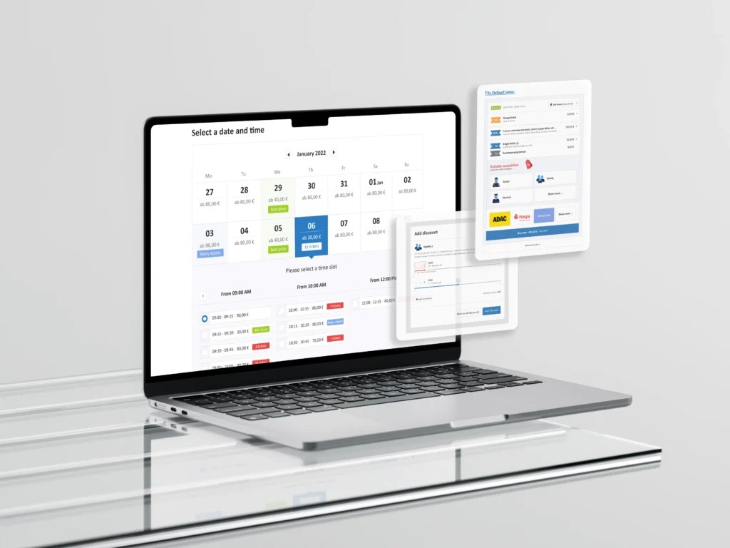 A laptop displays an online booking UI with a calendar for date selection, time slot options, and pricing. Floating UI elements highlight payment methods and discount entry, showcasing a clean and user-friendly design.