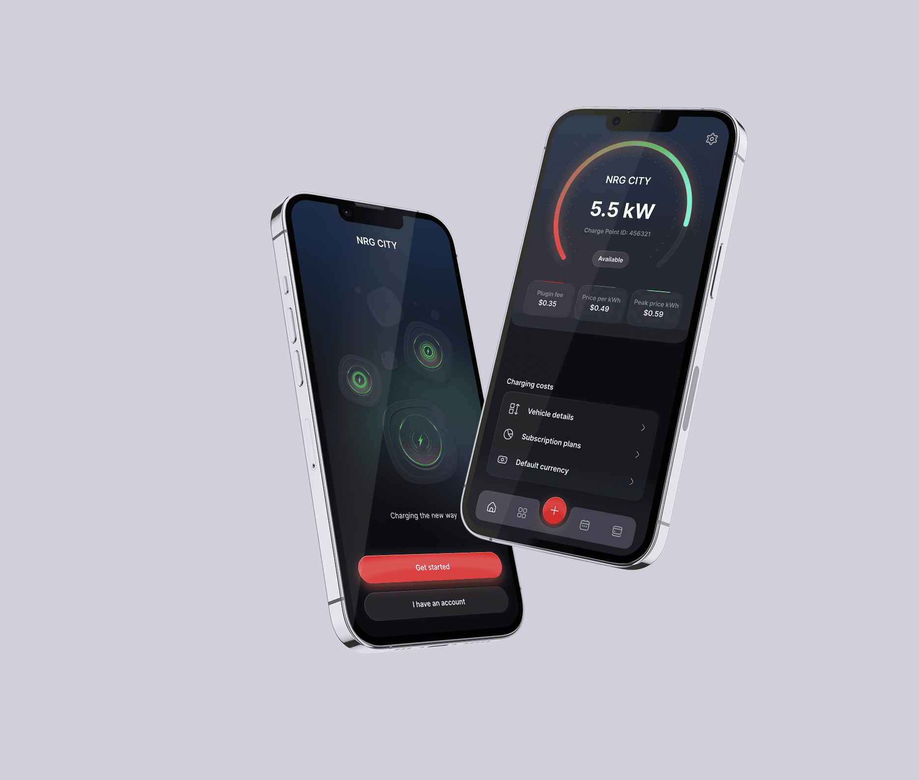 A mobile app UI for an EV charging platform is displayed on two smartphones. The interface features real-time charging status, pricing details, and energy usage in kilowatts. Users can access vehicle details, subscription plans, and currency settings, all within a sleek dark-themed design.