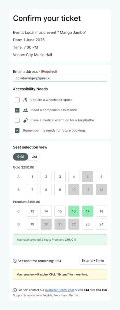 A user interface screen for confirming a ticket to the "Mango Jambo" music event on June 1, 2025, at 7:00 PM at City Music Hall. The form includes an email input field with an error for incomplete input ("colinballinger@gmail.c"). Accessibility options include checkboxes for a wheelchair space, companion assistance (selected), medical exemption, and remembering preferences. Below is a seat selection grid showing available and unavailable Gold ($250) and Premium ($150) seats. Seats C16 and C17 are selected in green. A notification confirms “You have selected 2 seats Premium: C16, C17.” At the bottom, a session timer reads “1:54” with an “Extend +5 min” button. A yellow alert box warns that the session will expire. Support contact details and language availability (English, French, German) are provided.