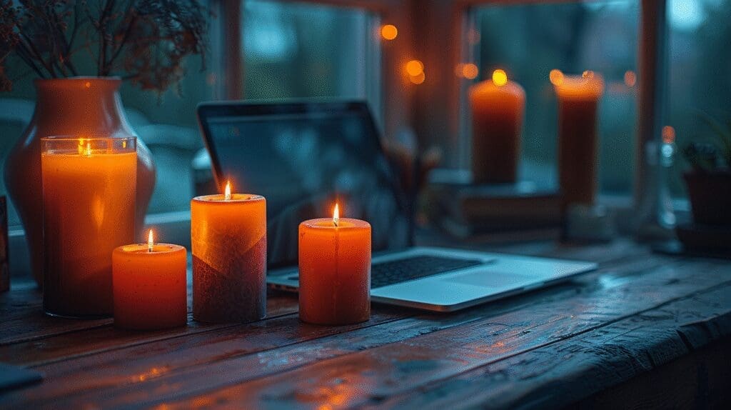 A featured image for a blog post, showing a cozy workspace with a laptop surrounded by lit candles on a rustic wooden table in a dark room.